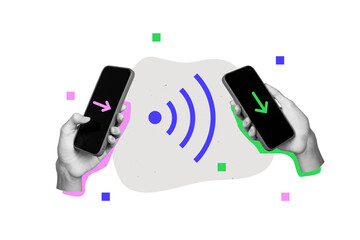 Composite photo collage of hands hold phone devices wifi connection arrow send transfer technology...