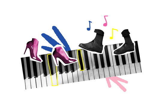 Composite art 3d creative image collage of female legs high heels male shoes dance keypad piano music instrument note occasion chill