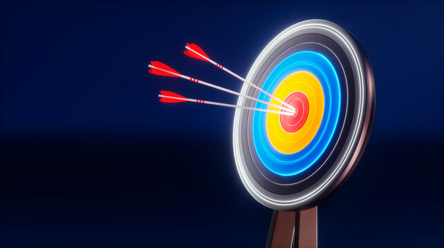 Luminous target board with arrows dark background - 3D illustration