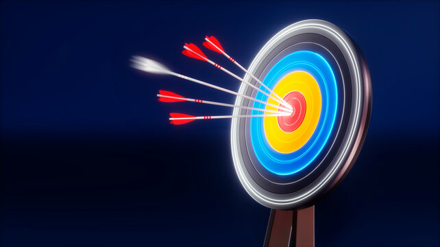 Luminous target board with arrows dark background - 3D illustration