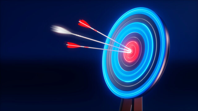 Luminous target board with arrows dark background - 3D illustration