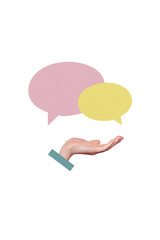 Obraz premium Composite trend 3D sketch image photo collage of speech cloud chatting message say contact box hand wrist sleeve gesture showing anonymous