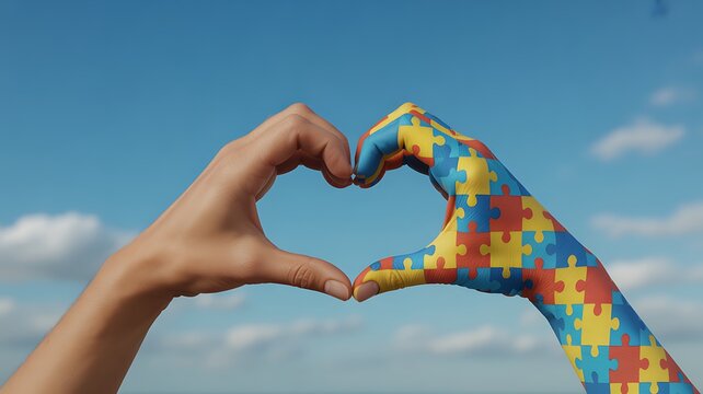 Hands form a heart shape with autism puzzle pattern against a blue sky