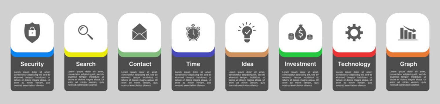 Modern business infographic cards template with colorful icons and rounded layout blocks. Corporate presentation design for security, search, contact, time management, idea, investment, technology and