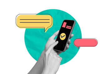 Composite photo collage of hands hold phone gadget screen notification bubble confirm checkbox sms...