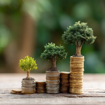 Stacked Coins with Small Medium and Large Trees Growing on Top in Natural Setting
