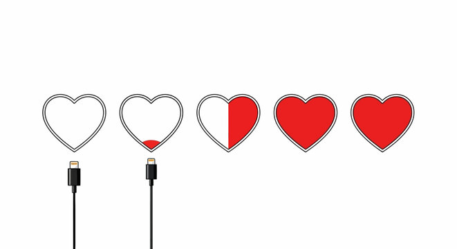 A conceptual illustration depicting the gradual charging of heart-shaped battery icons, symbolizing emotional replenishment, the power of love, or the progress of feelings being nurtured 