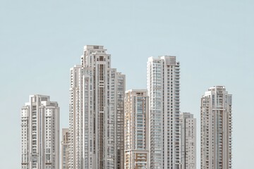 Fototapeta premium Minimal city skyline with modern skyscrapers and large copy space clean urban background blue sky