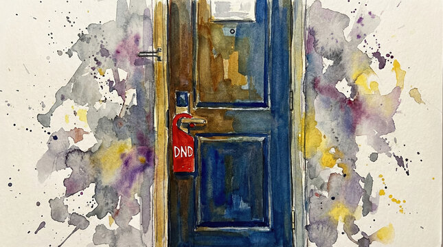 Watercolor illustration of a hotel room door featuring a red do not disturb sign. Artistic style with colorful paint splatters. Perfect for travel blogs or hospitality industry marketing.