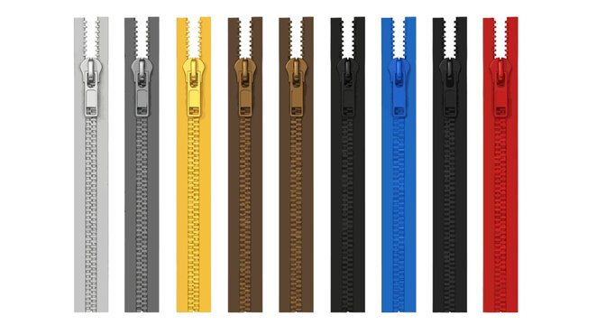 Collection of assorted zippers in different colors and styles for clothing and accessories