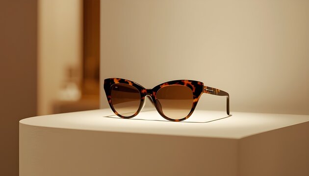 A pair of stylish tortoiseshell sunglasses on display on a white pedestal in a modern setting