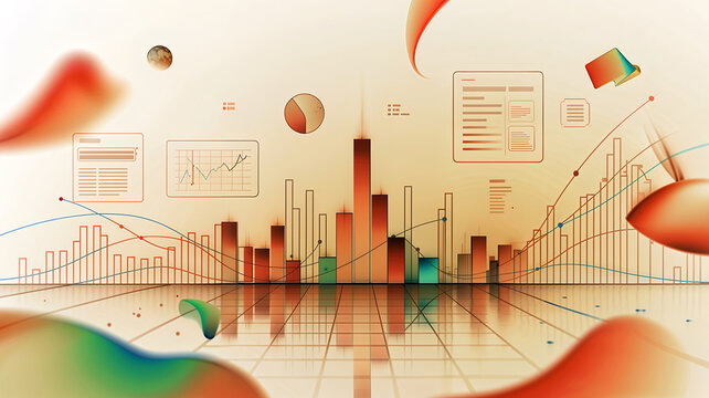  High-tech stock market analysis background with glowing line charts and geometric data points, 3D render of financial analytics showing profit growth and investment performance metrics 