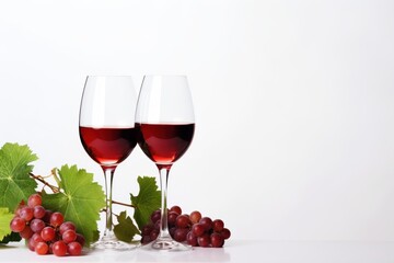 Fototapeta premium Two wine glasses filled with red wine, surrounded by ripe red grapes and green vine leaves
