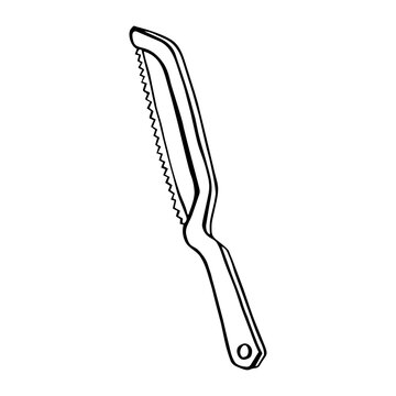 Serrated bread knife line art, kitchen vector isolated on white