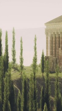 Tall cypress trees rise gracefully beside an ancient temple. The tranquil scene captures the peaceful atmosphere of dusk, where history and nature coexist harmoniously.