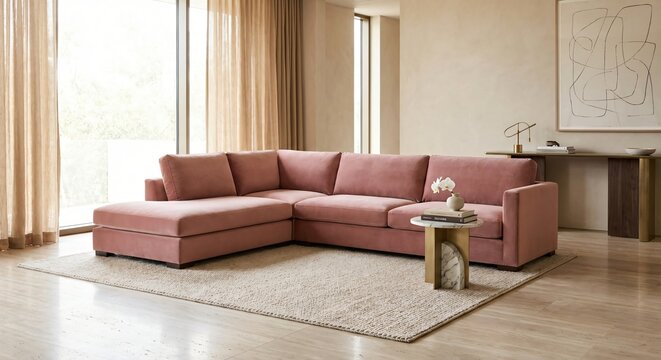 Sectional Sofa Pink Velvet Modern Living Room Interior