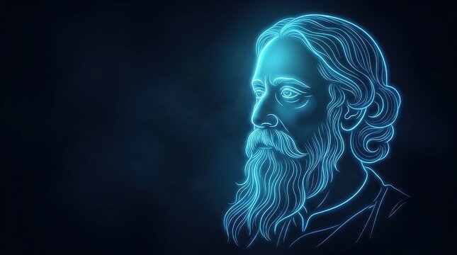 Glowing neon line portrait of rabindranath tagore with a long beard, set against a dark blue background
