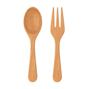Wooden Spoon and Fork Vector Illustration Isolated on White