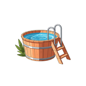 Wooden Outdoor Hot Tub with Ladder Vector Illustration