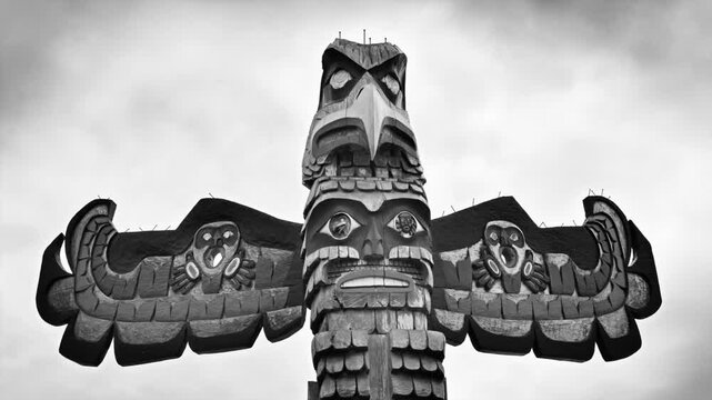 Simulated 1930's style film of  an eagle Totem Pole in British Columbia , Canada	