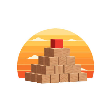 Red Block at Top of Wooden Cube Pyramid Leadership Concept Vector