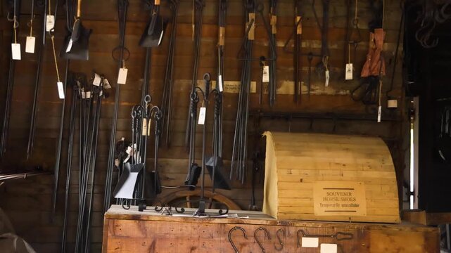 Vintage blacksmith workshop with hand forged iron tools and historical equipment in wooden shed.