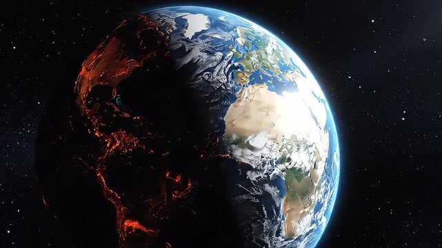 The Earth rotates slowly on its axis in space with a dark background