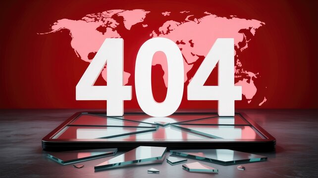 Large 404 error number on broken glass screen, world map background on red wall, concept of global internet connection failure and server downtime