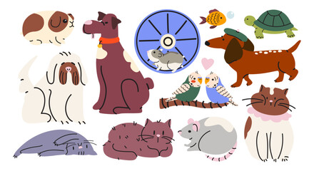 Naklejka na ściany i meble Set of various funny domestic pets in flat cartoon style. Dogs, cats, hamster, birds, fish, turtle, guinea pig and rat. Animals stickers for pet lovers and veterinary