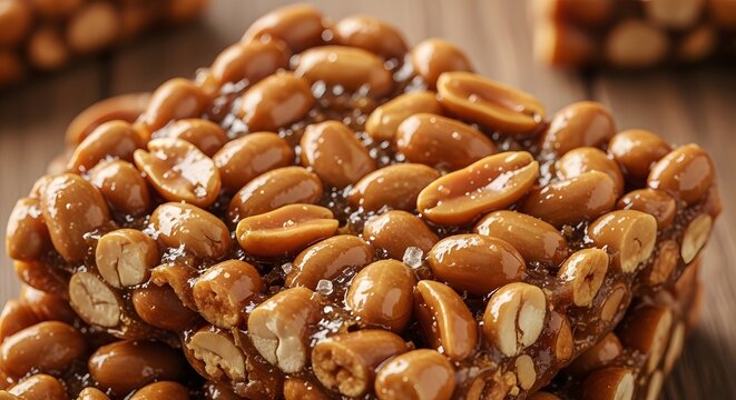 Close-up of crunchy peanut brittle candy with whole and halved peanuts