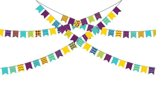 Decorative festive pennant banners in purple, yellow, and teal with zigzag patterns strung across a white background