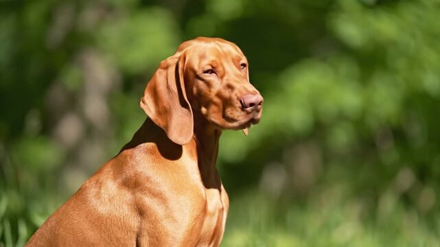 Orange dog sits outdoors, showcasing profile, turning head slightly, with blurred green foliage in the background