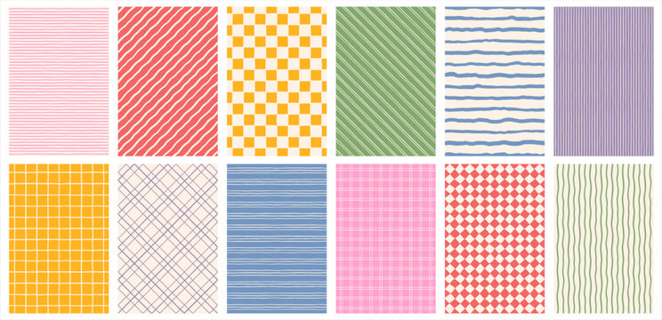 Hand drawn striped checkered geometric backgrounds set. Doodle uneven artistic wavy lines, straight diagonal pinstripes stripes bars streaks waves. Check plaid rectangle patterns collection