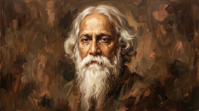 Oil painting portrait of rabindranath tagore with long white beard and hair, set against a textured brown background