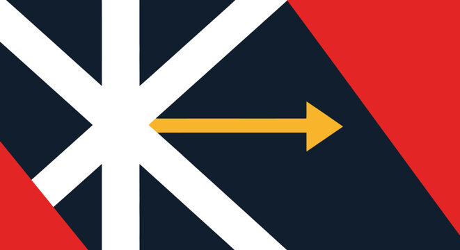 A large white cross on a blue and red background with a yellow arrow