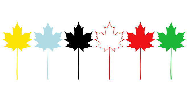 A row of colorful maple leaf shapes on sticks