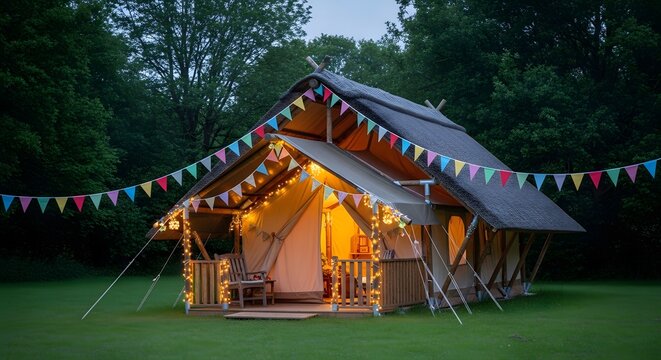 glamping tent with colorful bunting lights in forest
