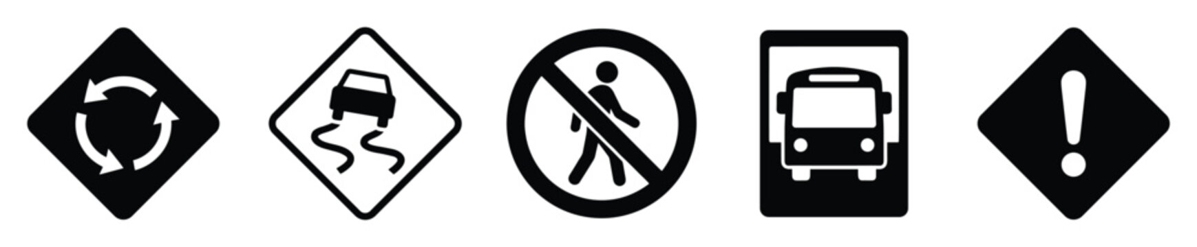 Fundamental black and white road signs presenting roundabout, slippery road, no pedestrian, bus stop, and general warning symbols for educational purposes and transportation layouts.
