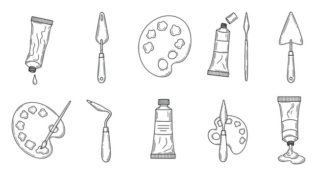 Collection of essential handdrawn painter tools and art supplies including tubes, palettes, and palette knives for graphic projects, learning resources, or decorative purposes.
