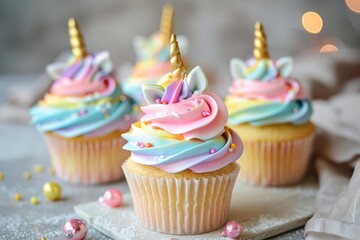 Fototapeta premium Three colorful unicorn cupcakes sitting on a table, decorated with rainbow frosting and a gold horn