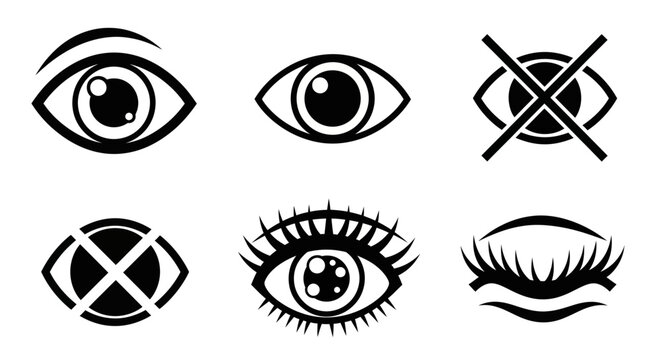 Collection of six stylized eye icons representing vision, sight, and awareness in various forms, including closed and open eyes