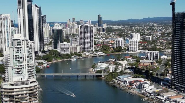 Aerial view of the cityscape of Gold Coast Australia. High-rises between the canals, a city on the Pacific coast, travel and tourism in Queensland.