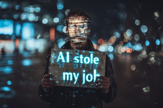 Urban realities: ai and the growing concerns of unemployment. Profit analytics. Vivid city life: man holds a protest sign amidst neon lights and crowds. Sales data. Market analysis.