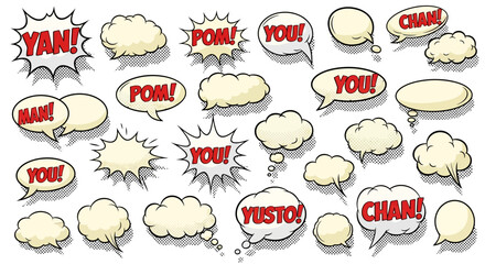 A vibrant collection of diverse cartoon speech bubbles and thought clouds, featuring expressive exclamations and dialogue elements for compelling visual communication and graphic design © charli