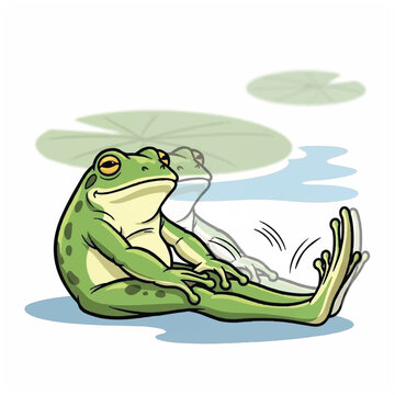 A green frog sitting on ground.