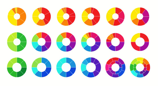 A comprehensive collection of vibrant circular color charts and spectrum palettes illustrating diverse gradients and harmonious transitions, perfect for graphic design and visual projects