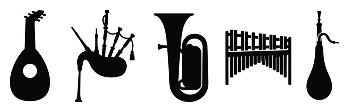 Collection of diverse traditional and classical musical instrument silhouettes offering a versatile resource for educational materials, music related promotions and cultural event branding