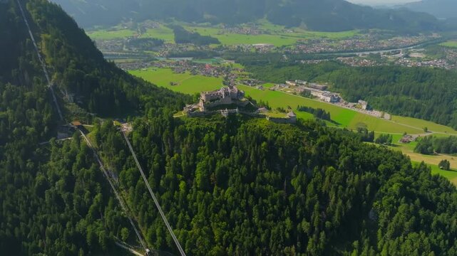 Aerial view of the Highline 179 tourist bridge in Austria. Tourist attraction suspension bridge between the Alpine mountains, beautiful landscapes of nature in tourist Europe.