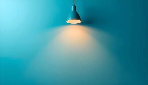 A blue wall with a single hanging lamp casting a warm glow
