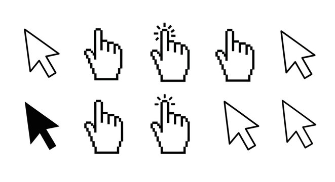 Collection of pixelated mouse cursors and pointer icons, including arrow and hand symbols, for digital interfaces and web design